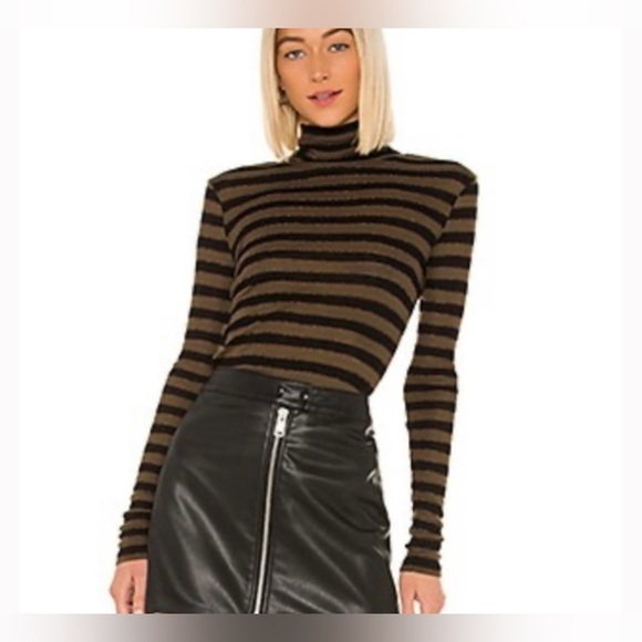 All Saints Emse Shimmer Roll Neck Top Tan/Black Size L - Picture 2 of 6